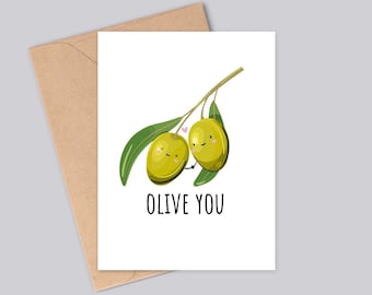 Olive You - Carte unique olive anniversaire/Saint-Valentin - Imprimée sur du papier blanc mat et texturé - A6 - Papier durable - Je t'aime