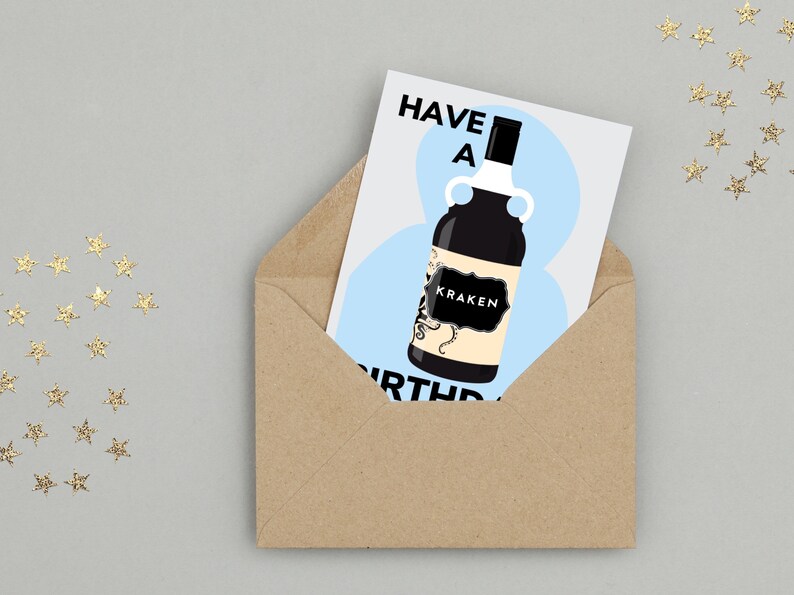 Carte d'anniversaire Kraken - rhum brun - fait main - A6 - recyclable image 3