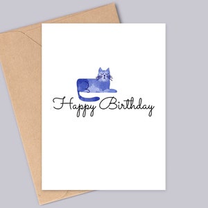 Carte d'anniversaire chat aquarelle bleue - joyeux anniversaire - Design minimaliste simple - fait main - A6 - recyclable