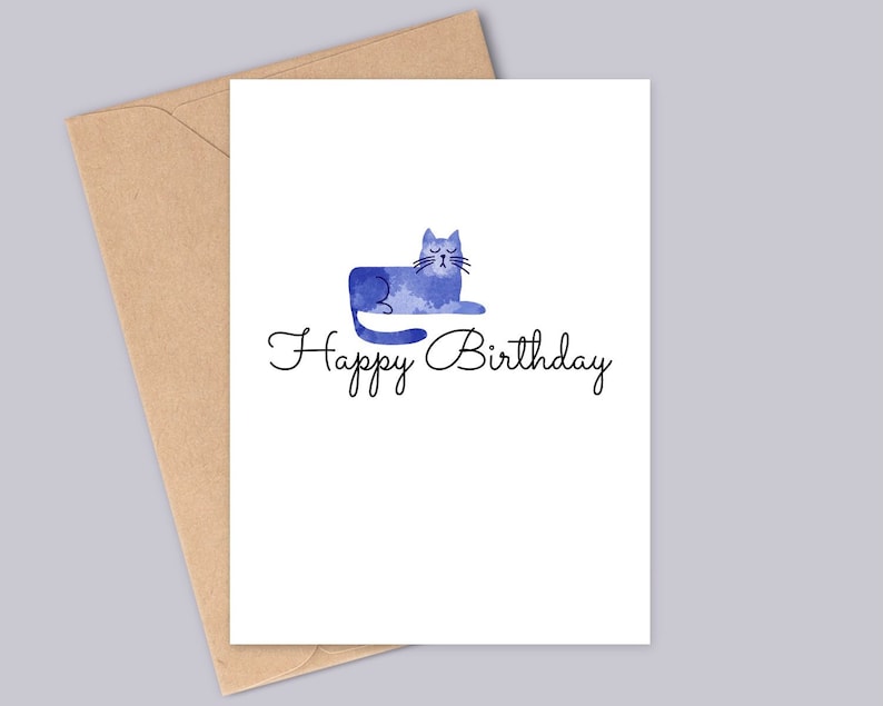 Carte d'anniversaire chat aquarelle bleue - joyeux anniversaire - Design minimaliste simple - fait main - A6 - recyclable image 1