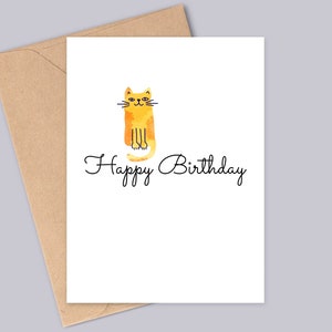 Tarjeta de cumpleaños de gato acuarela amarilla Feliz cumpleaños Diseño minimalista simple Hecho a mano A6 Reciclable imagen 1