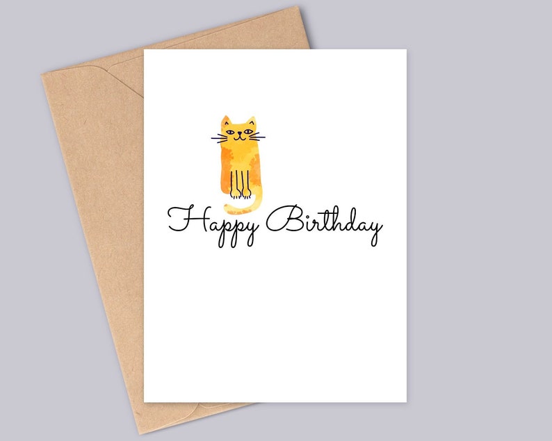 Tarjeta de cumpleaños de gato acuarela amarilla Feliz cumpleaños Diseño minimalista simple Hecho a mano A6 Reciclable imagen 1