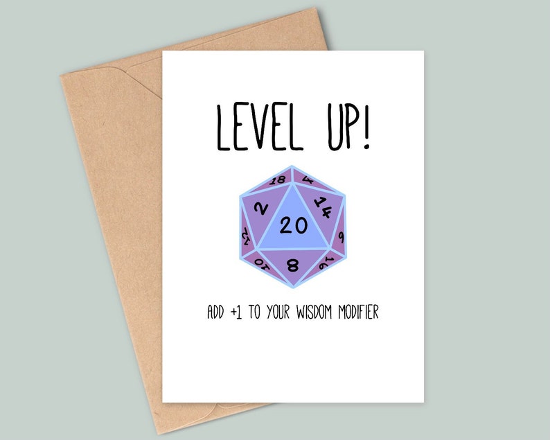 Carte d'anniversaire inspirée de donjons et de dragons amusants - Passez de niveau ! Ajoutez +1 à votre modificateur de sagesse - Fait main - A6 - Recyclable Purple