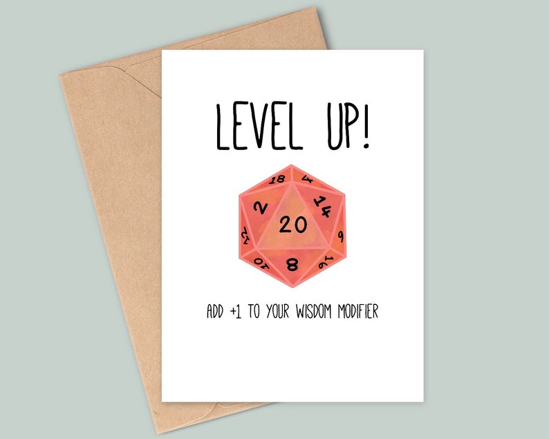 Carte d'anniversaire inspirée de donjons et de dragons amusants - Passez de niveau ! Ajoutez +1 à votre modificateur de sagesse - Fait main - A6 - Recyclable Red