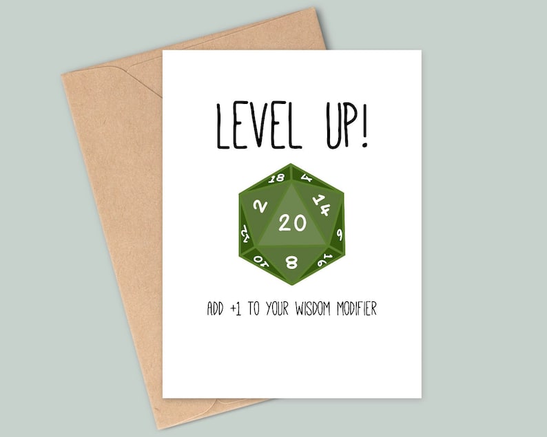 Carte d'anniversaire inspirée de donjons et de dragons amusants - Passez de niveau ! Ajoutez +1 à votre modificateur de sagesse - Fait main - A6 - Recyclable Green