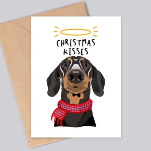 Tarjeta navideña con adorable perro salchicha - Besos navideños - Hecha a mano - A6 - Impresa en cartulina mate texturizada - Papel sostenible