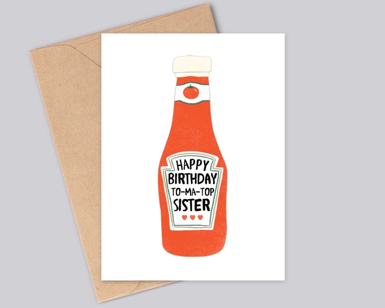 Carte d'anniversaire drôle et personnalisable de sauce tomate - « Happy Birthday To-ma-top papa/maman/frère/soeur/fils/fille - étiquette ketchup personnalisée image 4