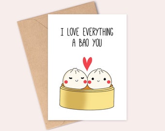 Bao Buns in Love - I love everything a bao you - Anniversary card - Handmade - A6 - Recyclable