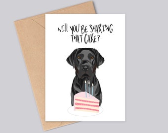 Biglietto A6 personalizzato per compleanno Labrador: condividerai quella torta? - Colori del mantello nero, dorato, rosso volpe, cioccolato o argento.