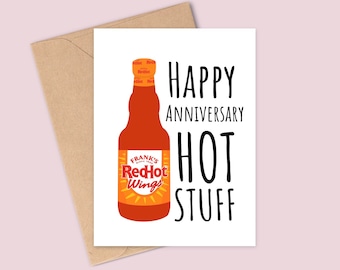 Frank's Red Hot Sauce Card - Ala de búfalo u Original - Happy Anniversary Hot Stuff - Hecho a mano - A6 - Reciclable