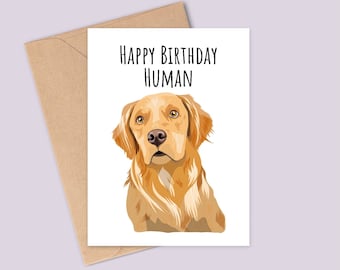 Tarjeta de cumpleaños del perro Golden Retriever divertida - Feliz cumpleaños humano - Here's To The Golden Years - Impreso en tarjeta texturizada - Acabado mate