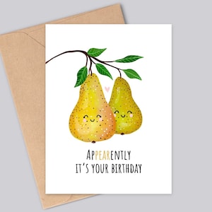 Bonita tarjeta de cumpleaños con forma de pera. ¡Parece que es tu cumpleaños! - Hecha a mano - A6 - Reciclable - Impresa en cartulina mate ligeramente texturizada