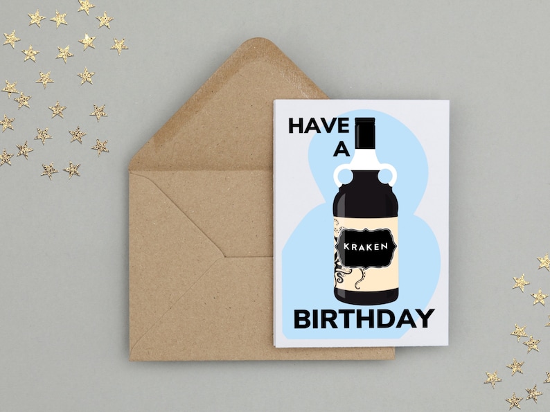 Carte d'anniversaire Kraken - rhum brun - fait main - A6 - recyclable image 2