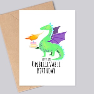 "Lustiger lila Drache macht einen Geburtstagswunsch - ""Have an Unbelievable Birthday"" - Süße Geburtstagskarte - Buntes, einzigartiges Design."