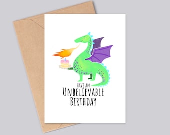 Funny Purple Dragon Making a Birthday Wish - 'Have an Unbelievable Birthday' - Sweet Birthday Card - Colourful, Unique Design