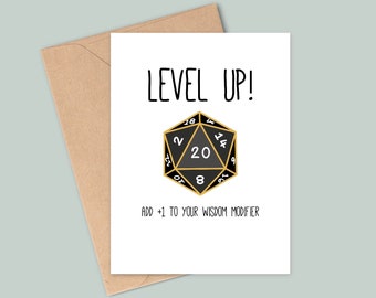 Carte d'anniversaire inspirée de donjons et de dragons amusants - Passez de niveau ! Ajoutez +1 à votre modificateur de sagesse - Fait main - A6 - Recyclable