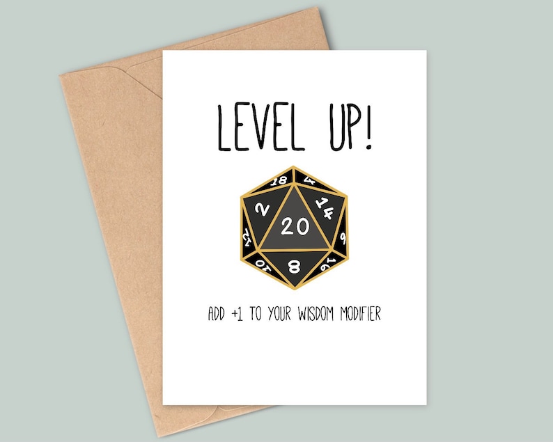 Carte d'anniversaire inspirée de donjons et de dragons amusants - Passez de niveau ! Ajoutez +1 à votre modificateur de sagesse - Fait main - A6 - Recyclable Black