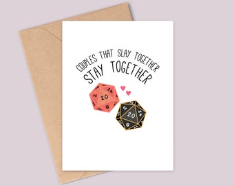 Funny Dungeons and Dragons Inspired Anniversary/Valentine’s Day Card - Couples That Slay Together Stay Together - Handmade - A6 - Recyclable