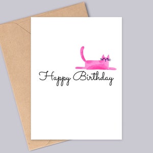 Carte d'anniversaire rose chat aquarelle - joyeux anniversaire - Design minimaliste simple - fait main - A6 - recyclable