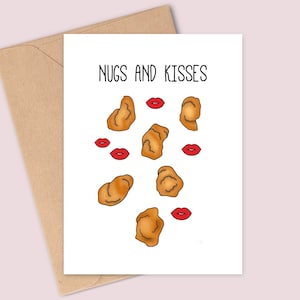 Nugs and Kisses - Tarjeta única de aniversario/día de San Valentín con nuggets de pollo - Impresa en cartulina blanca mate ligeramente texturizada - Tamaño A6