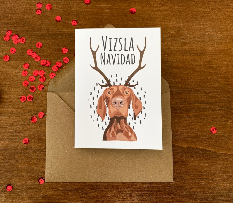 Carte de Noël hongroise de Vizsla - Vizsla Navidad - Fait main - A6 - Recyclable image 2