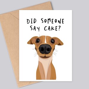 Tarjeta de cumpleaños personalizada con diseño de galgo italiano. ¿Alguien dijo pastel? - Diferentes opciones de pelaje para perros disponibles. Hecha a mano. Tamaño A6. Reciclable.