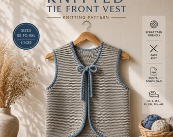 Breipatroon voor een vest met strik aan de voorkant (PDF) | Breipatroon voor een vest | Breipatroon voor een mouwloos vest | Eenvoudig breipatroon voor beginners | Damesvest maat XS-4XL