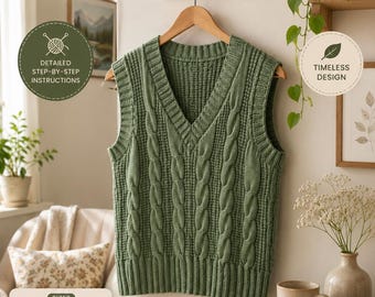 Modello PDF per gilet a maglia con trecce, modello per gilet con scollo a V, gilet da donna lavorato a maglia, download immediato, top a maglia grossa, modello per maglione fai da te