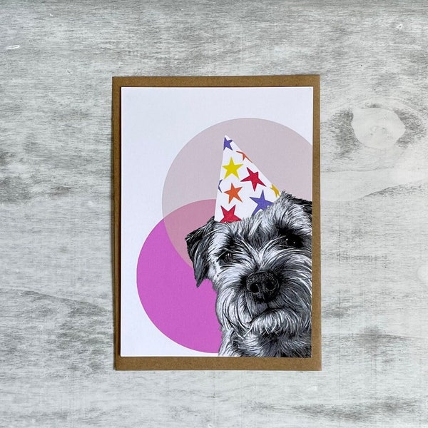 Border Terrier Birthday Fine Art greeting card. Border Terrier Blank Birthday card. Dog art card. Border terrier party hat