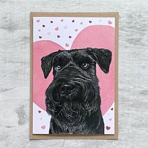 Diseño de tarjeta de amor con un schnauzer negro en miniatura, tarjeta con el mensaje "Te amo, mamá" del perro schnauzer, tarjeta del día de la madre con un perro schnauzer