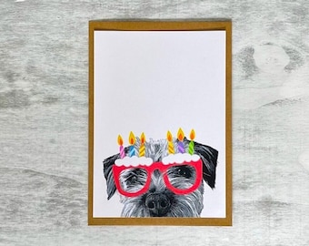 Border Terrier Birthday Fine Art card. Border Terrier Blank Birthday card. Dog art card. Border Terrier drawing