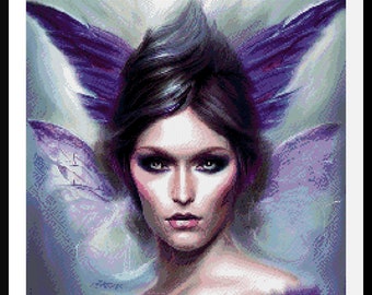 Raven Fairy. Counted PDF cross stitch pattern. Anchor 45 colours. Hand embroidery, needlepoint diagram. Possible conversion to DMC floss