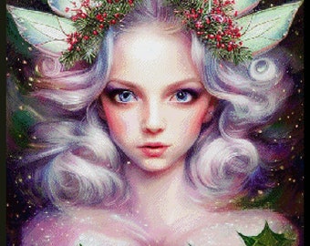 Christmas Fairy. Counted PDF cross stitch pattern. Anchor 90 colours. Hand embroidery, needlepoint diagram. Portrait of christmas character
