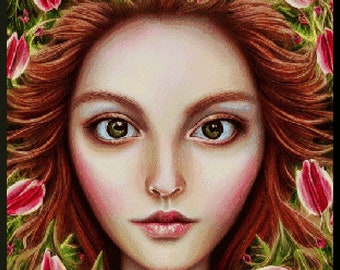 Tulip Fairy. Counted PDF cross stitch pattern. Anchor 67 colours. Hand embroidery, needlepoint diagram. Woman with tulip petals.
