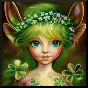 May include: A green-haired fairy with large, pointed ears and a crown of white flowers. She has big blue eyes and rosy cheeks. She is surrounded by four-leaf clovers.