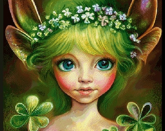 Shamrock Fairy. Counted PDF cross stitch pattern. Anchor 86 colours. Hand embroidery, needlepoint diagram. Adorable character in clover.