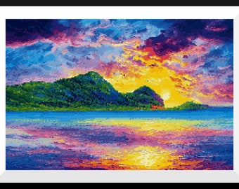 Rainbow Sunset. Cross-stitch pattern in PDF format. Anchor, 62 colors. Hand stitch. Can be converted to DMC.