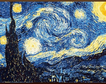 Starry Night. Counted cross stitch PDF pattern. Anchor 27 colours. Based on painting by Vincent van Gogh. Embroidery, needlepoint diagram.