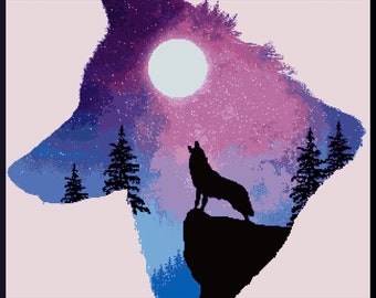 WOlf Moon. Counted cross stitch PDF pattern. Anchor 31 colours. Wolf howling at the Moon, head shape. Hand embroidery, needlepoint diagram.