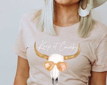 Keep it Country t-shirt | Country music shirt | Steer Skull shirt | Boho cow skull t-shirt
