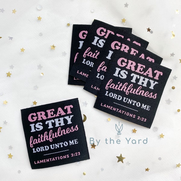 Great Is Thy Faithfulness IRON-ON Christian Woven Sewing Labels Tags Bible Verse (Pack of 5) Lamentations 3:23