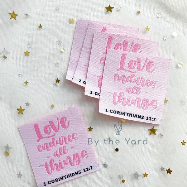 Love Endures IRON-ON Christian Woven Sewing Labels Tags Bible Verse (Pack of 5) 1 Corinthians 13:7