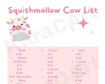 Squishmallow Kuh Liste, DISO, ISO, Kellytoy Kuh Squishmallow, digitaler Download zum Ausdrucken