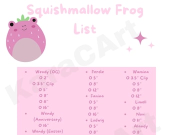 Squishmallow Frosch Liste, ISO Squishmallow Frosch Liste, Wendy, Adabelle, digitaler Download zum Ausdrucken