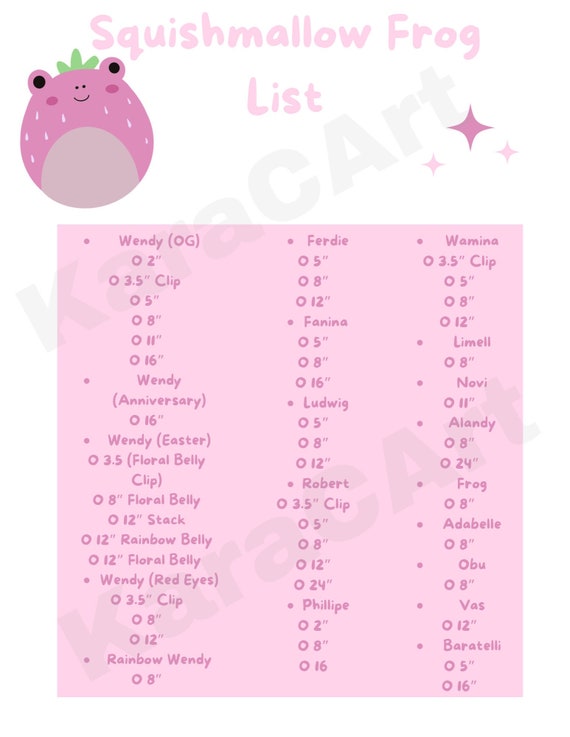 Squishmallow Frog List, ISO Squishmallow Frog List, Wendy, Adabelle,  Digital Download Printable -  Canada