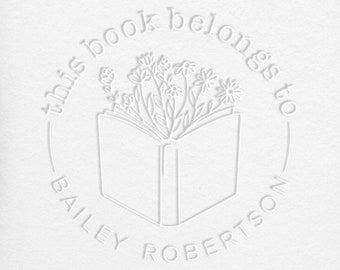 This Book Belongs To Personalized Book Embosser | Open Book with Flowers Round Logo | Library Book Lover Gift | High Quality Embossing Seal