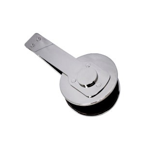 May include: A shiny, chrome-colored metal seal press with a long handle and a circular base. The base has a dark, recessed area, and the handle is attached with rivets. The design is simple and functional.