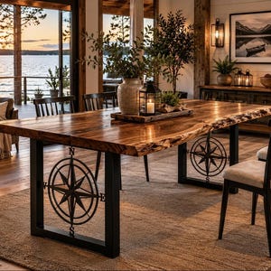 May include: A rectangular dining table with a natural live-edge wood top and black metal legs featuring a decorative compass rose design. The table is positioned in a room with large windows overlooking a lake at sunset, with chairs nearby.