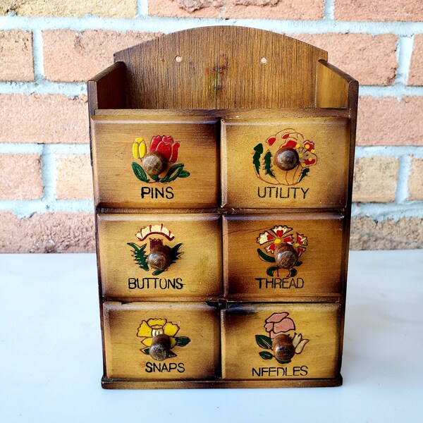 Vintage Wood Sewing Notion 6 Drawer Cabinet, Wall Mount, Sewing Caddy, Sewing Organizer, Hand Painted, Retro, Boho Chic.