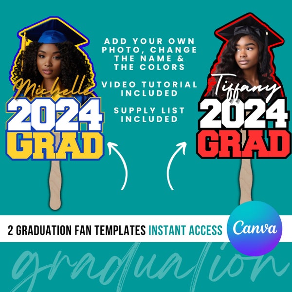 2 plantillas de abanicos de graduación editables en Canva, diseño de abanicos de graduación 2024, plantilla de abanicos de graduación de Canva, plantilla de abanicos de graduación 2024